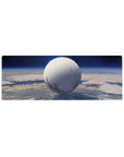 Moon-white sphere orbit desk mat mouse pad 32x12 inches with soft haze, stars, and shadow rings.