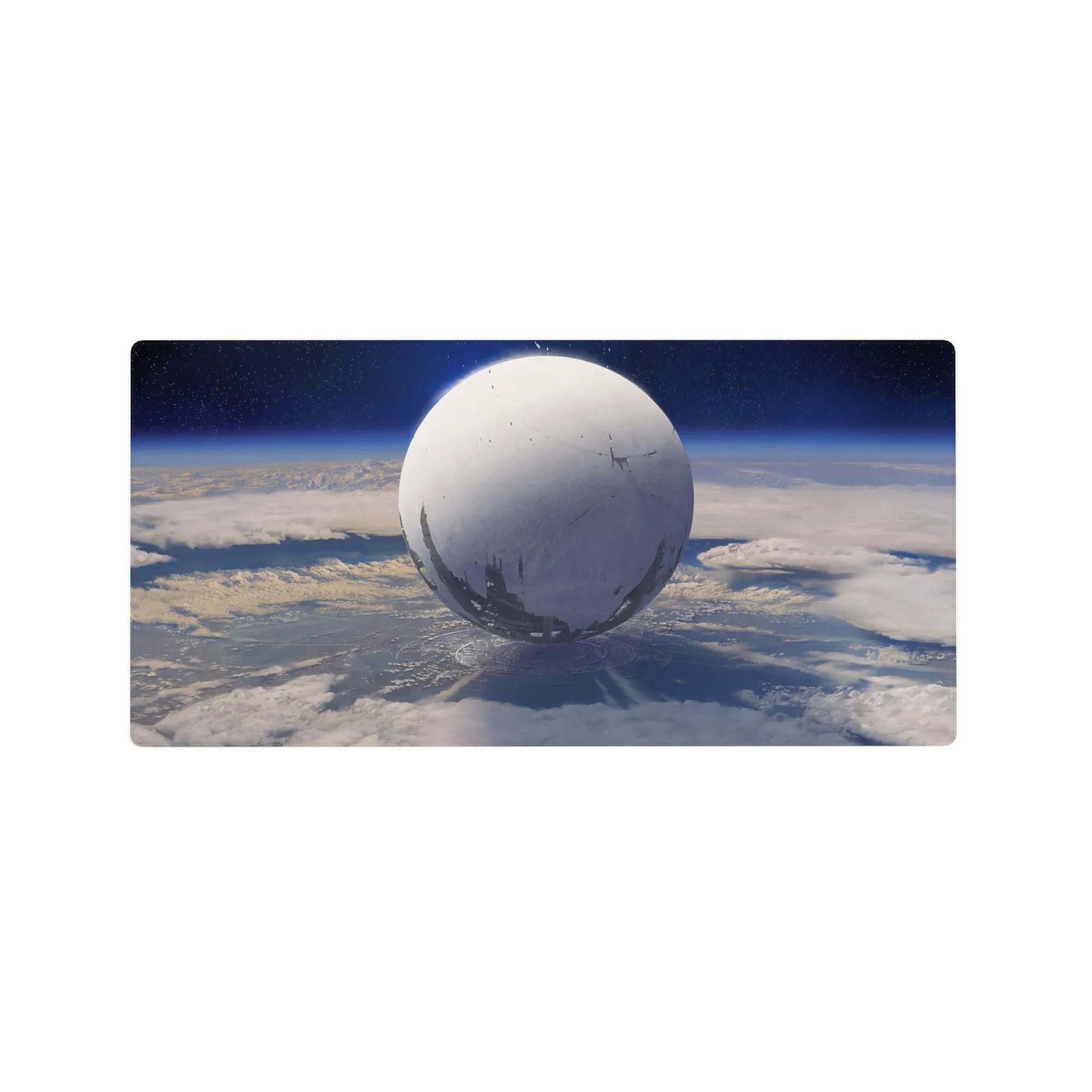 Moon-white sphere orbit design desk mouse pad 32x16 inches with soft haze, stars, and shadow rings.
