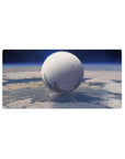 Moon-white sphere orbit design desk mouse pad 32x16 inches with soft haze, stars, and shadow rings.
