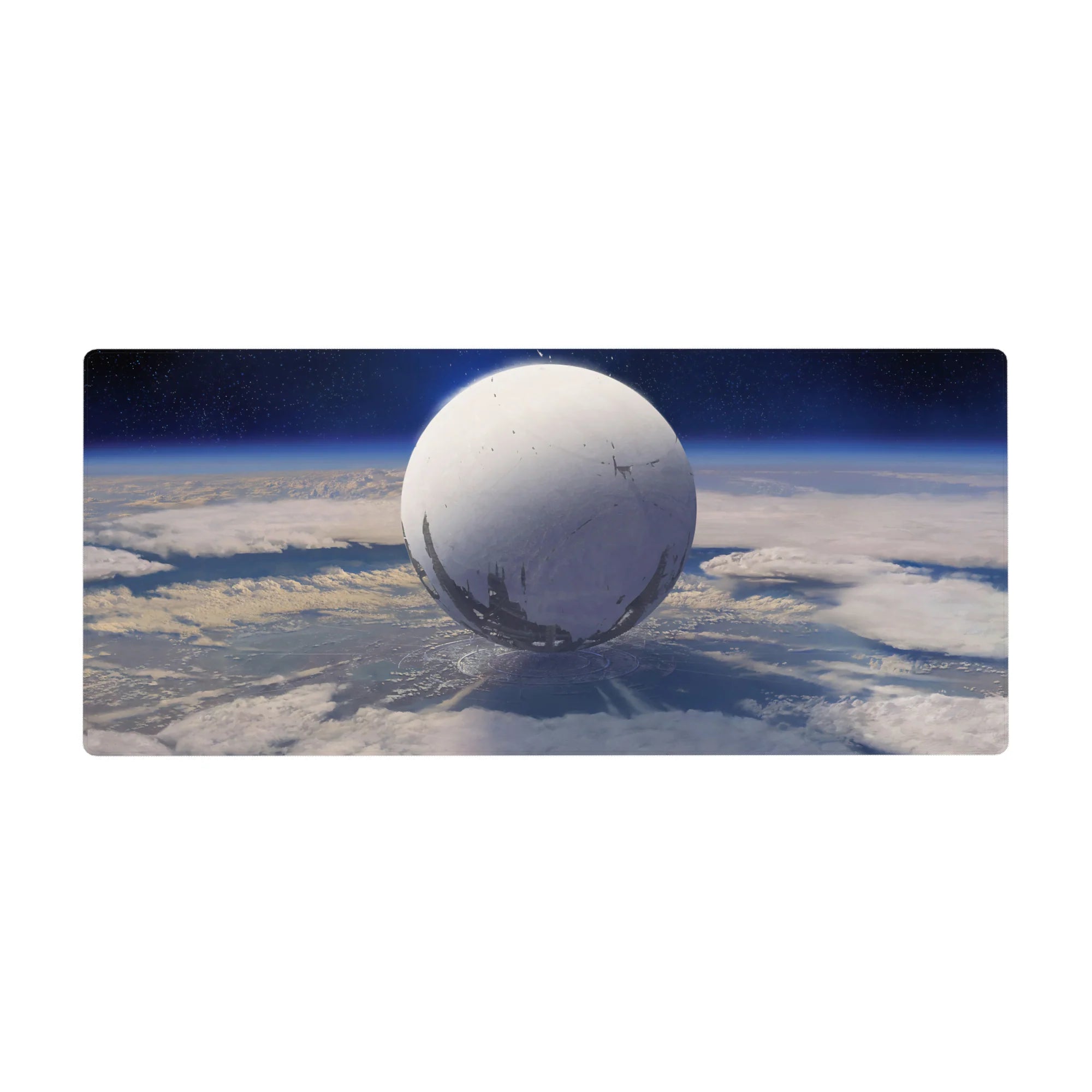 Moon-white sphere orbit design desk pad 36x16 inches with soft haze, star specks, and shadow rings.