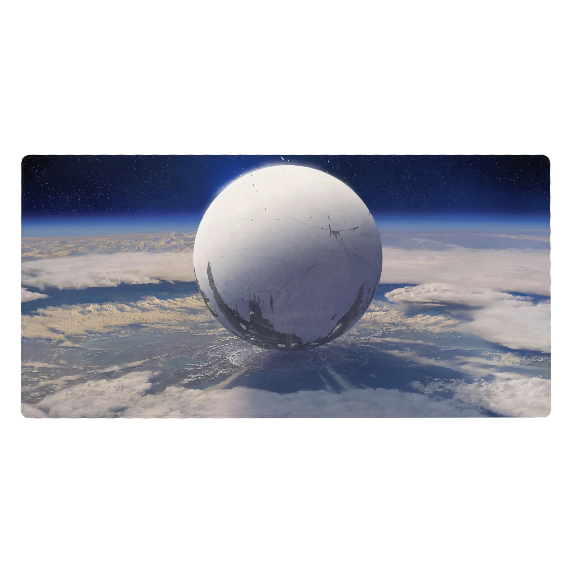 Moon-white sphere orbit desk pad 40x20 inches with soft haze, star specks, and subtle shadow rings.