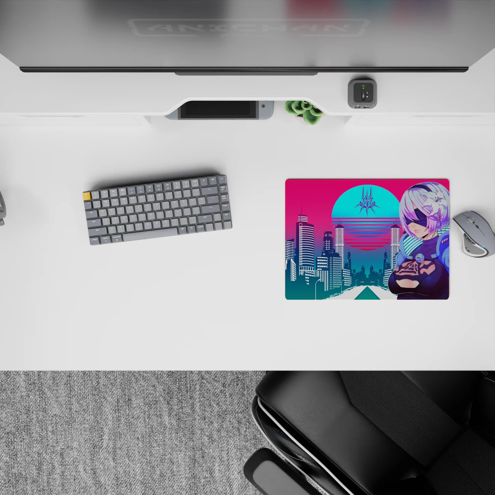 Retrowave - Vaporwave Deskmat | Mousepad | Deskpad - Cyber City Guardian - AniChan