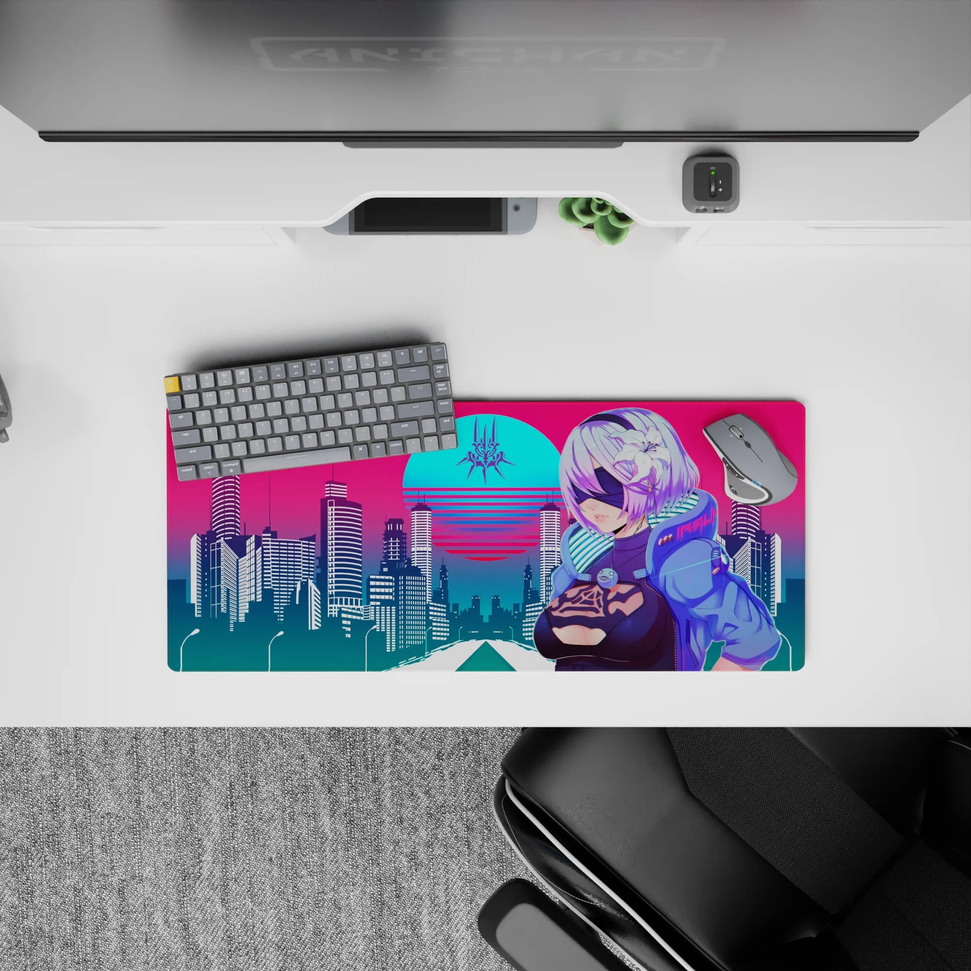 Retrowave - Vaporwave Deskmat | Mousepad | Deskpad - Cyber City Guardian - AniChan