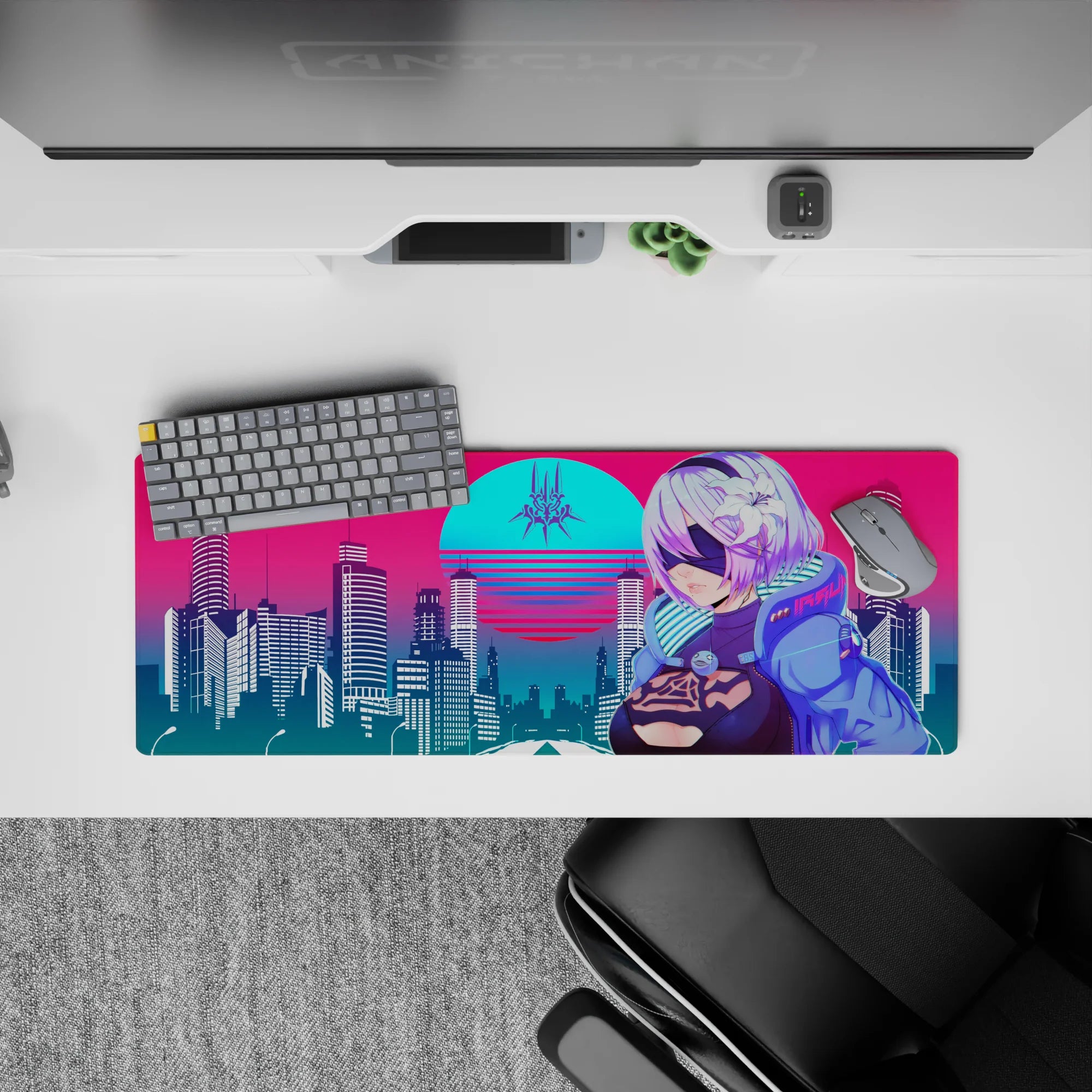 Retrowave - Vaporwave Deskmat | Mousepad | Deskpad - Cyber City Guardian - AniChan