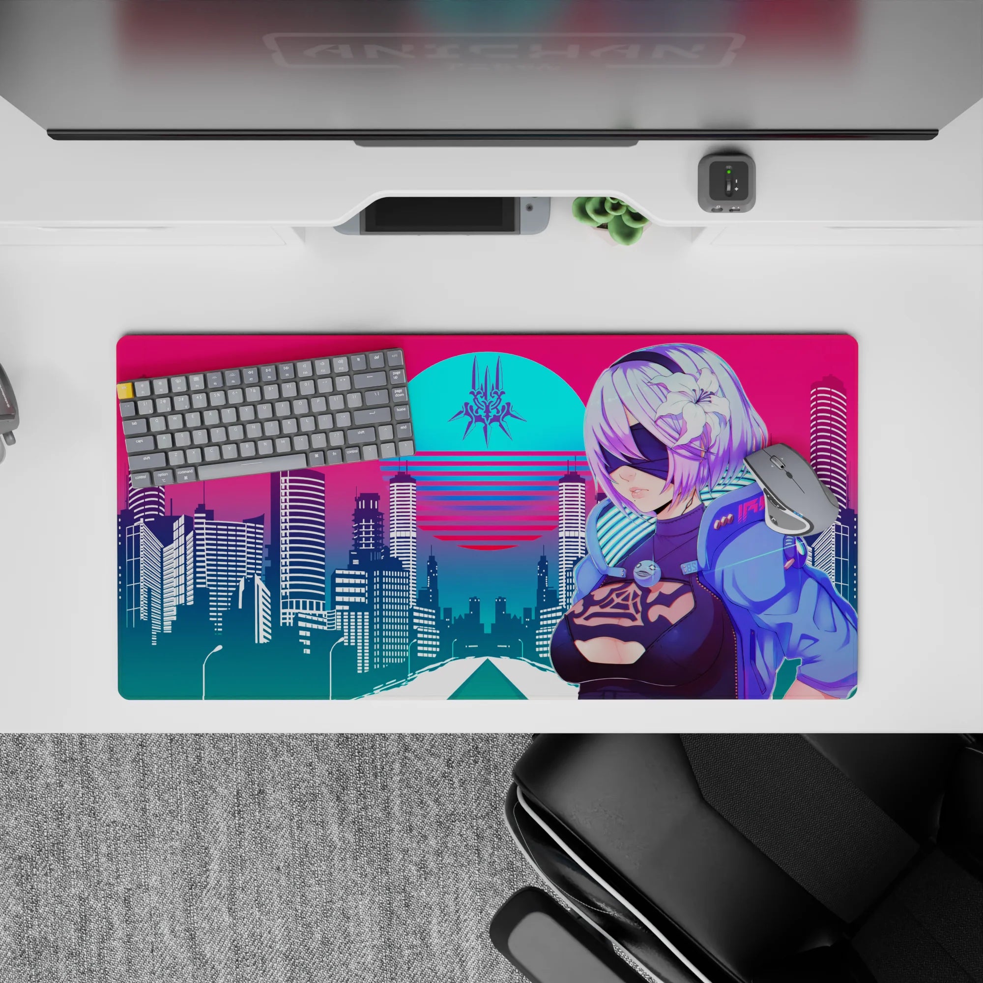 Retrowave - Vaporwave Deskmat | Mousepad | Deskpad - Cyber City Guardian - AniChan