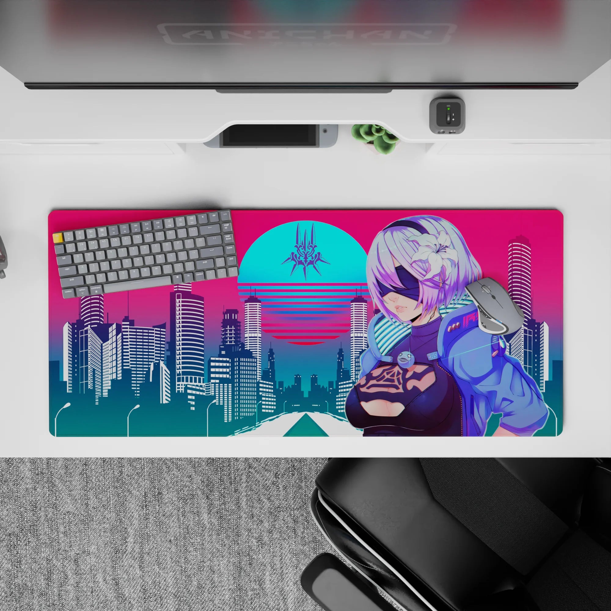 Retrowave - Vaporwave Deskmat | Mousepad | Deskpad - Cyber City Guardian - AniChan