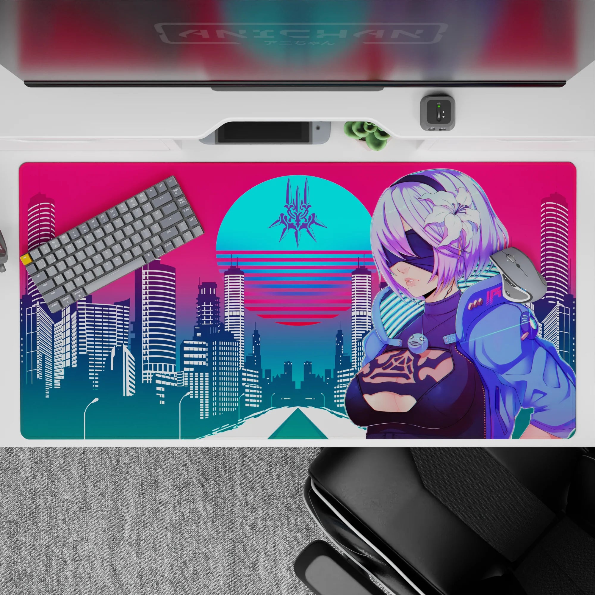 Retrowave - Vaporwave Deskmat | Mousepad | Deskpad - Cyber City Guardian - AniChan