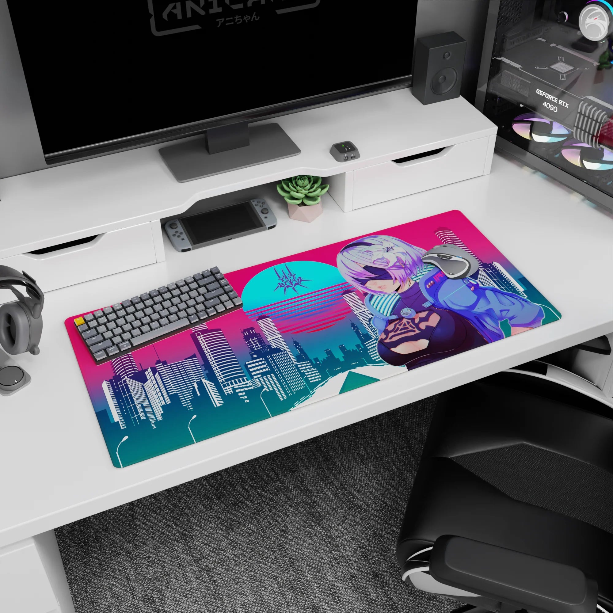 Retrowave - Vaporwave Deskmat | Mousepad | Deskpad - Cyber City Guardian - AniChan