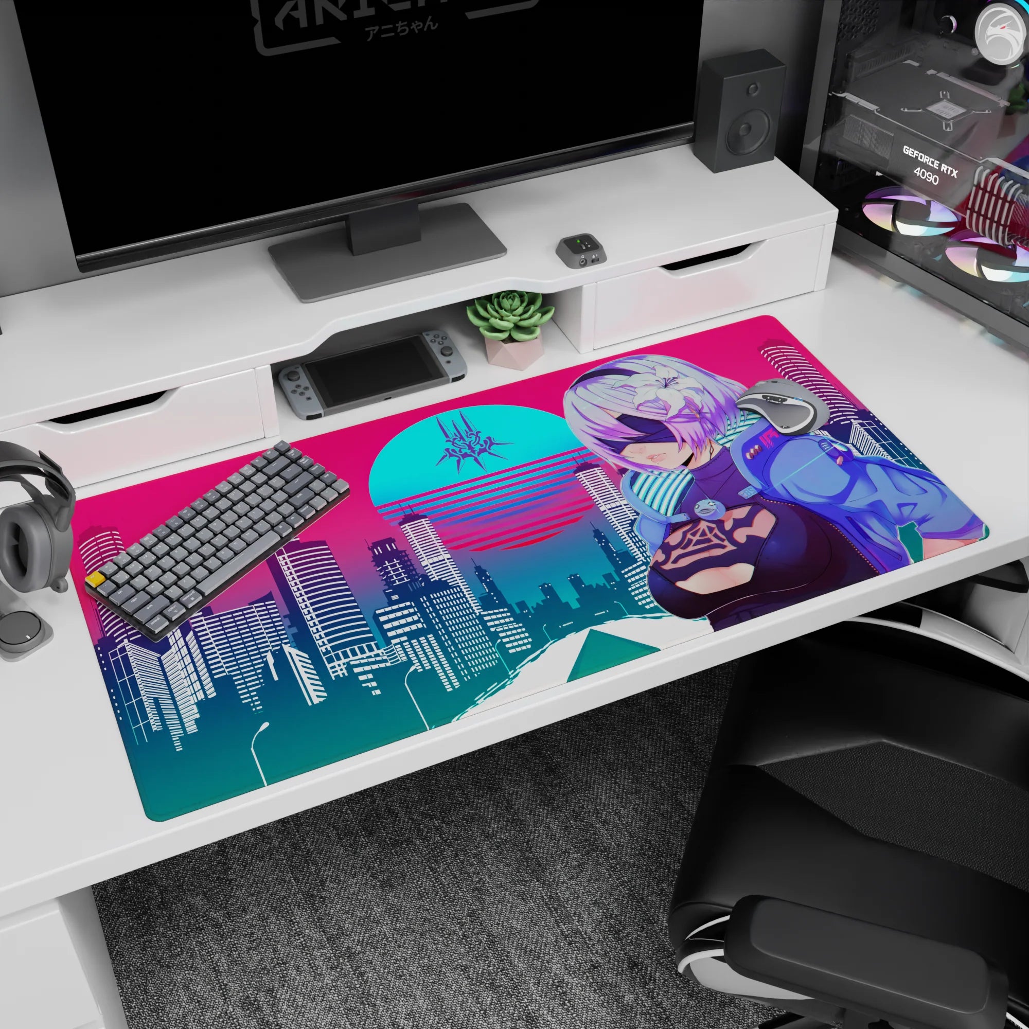 Retrowave - Vaporwave Deskmat | Mousepad | Deskpad - Cyber City Guardian - AniChan