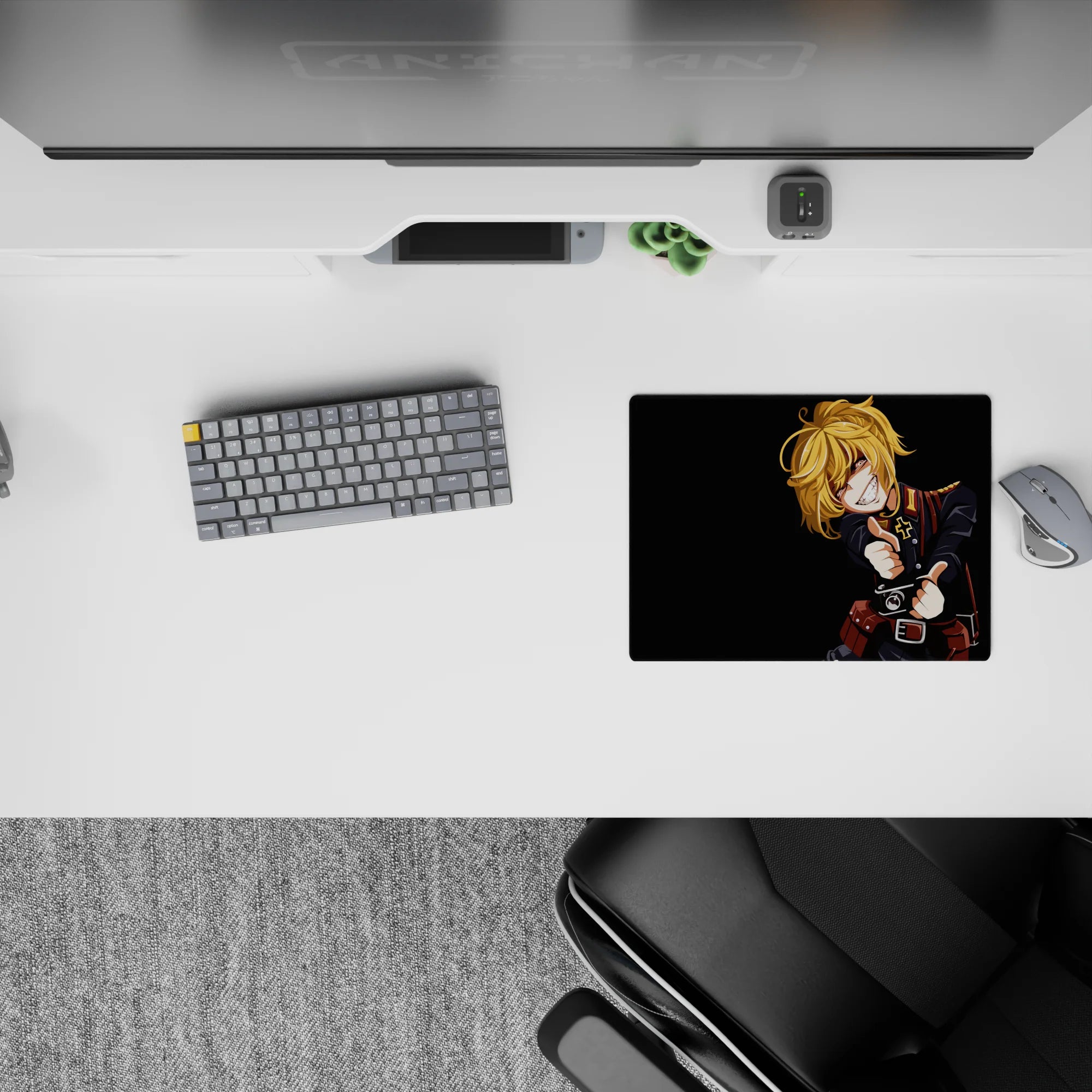 14x10 inches anime mouse pad in deep black with warm gold blond hair, bold shadows, cute menacing vibe.
