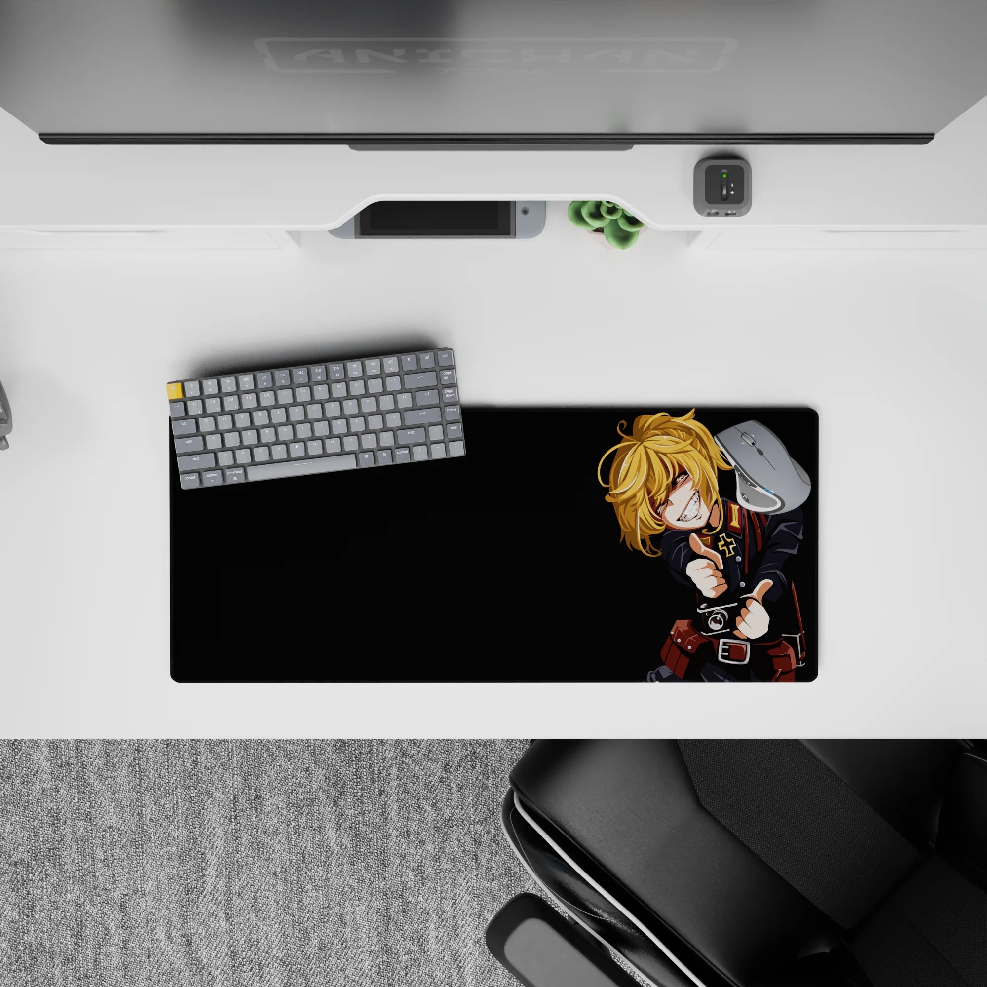 28x12 inches mouse pad in deep black with warm gold-blond hair, bold shadows, and cute menace vibe.