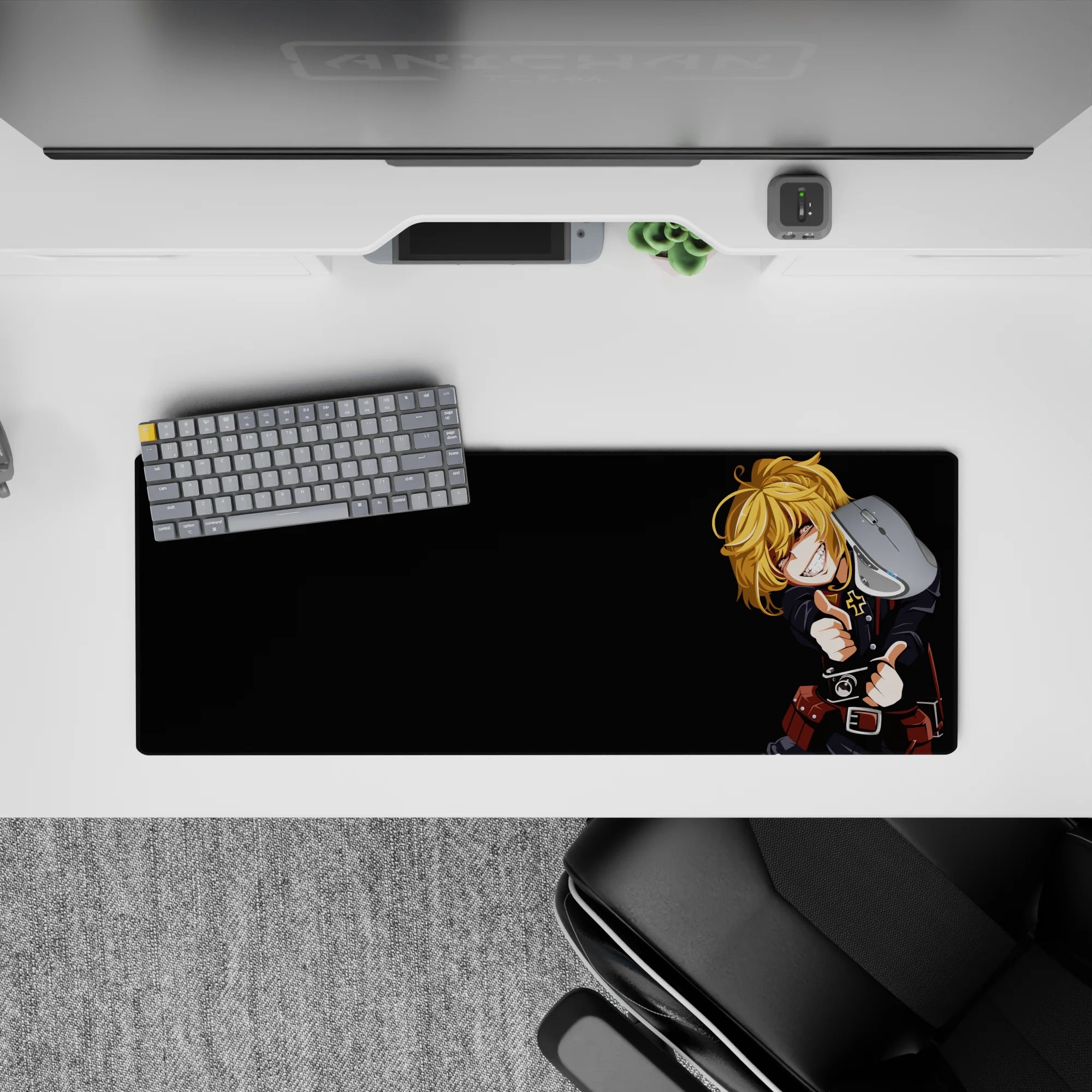 32x12 inches anime desk mouse pad, deep black backdrop with warm gold hair and sharp shadows, mischievous mood.