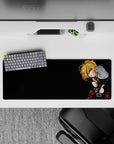 32x12 inches anime desk mouse pad, deep black backdrop with warm gold hair and sharp shadows, mischievous mood.