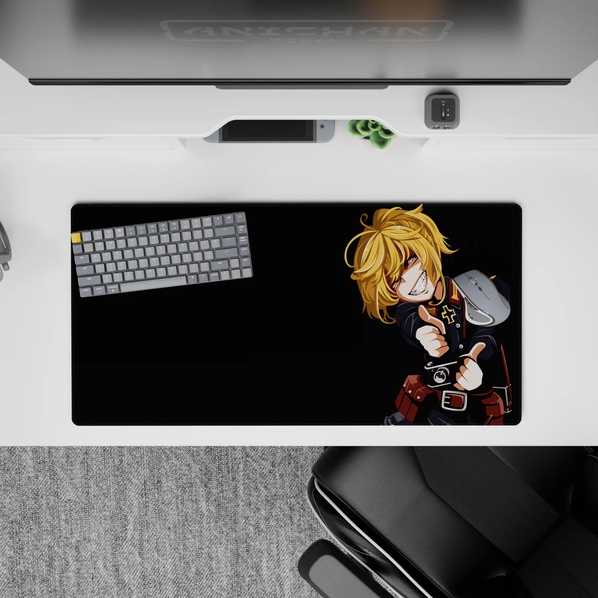 32x16 inches black desk mat with warm gold hair, bold shadows, and mischievous cute-menace vibe.