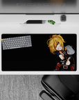 32x16 inches black desk mat with warm gold hair, bold shadows, and mischievous cute-menace vibe.