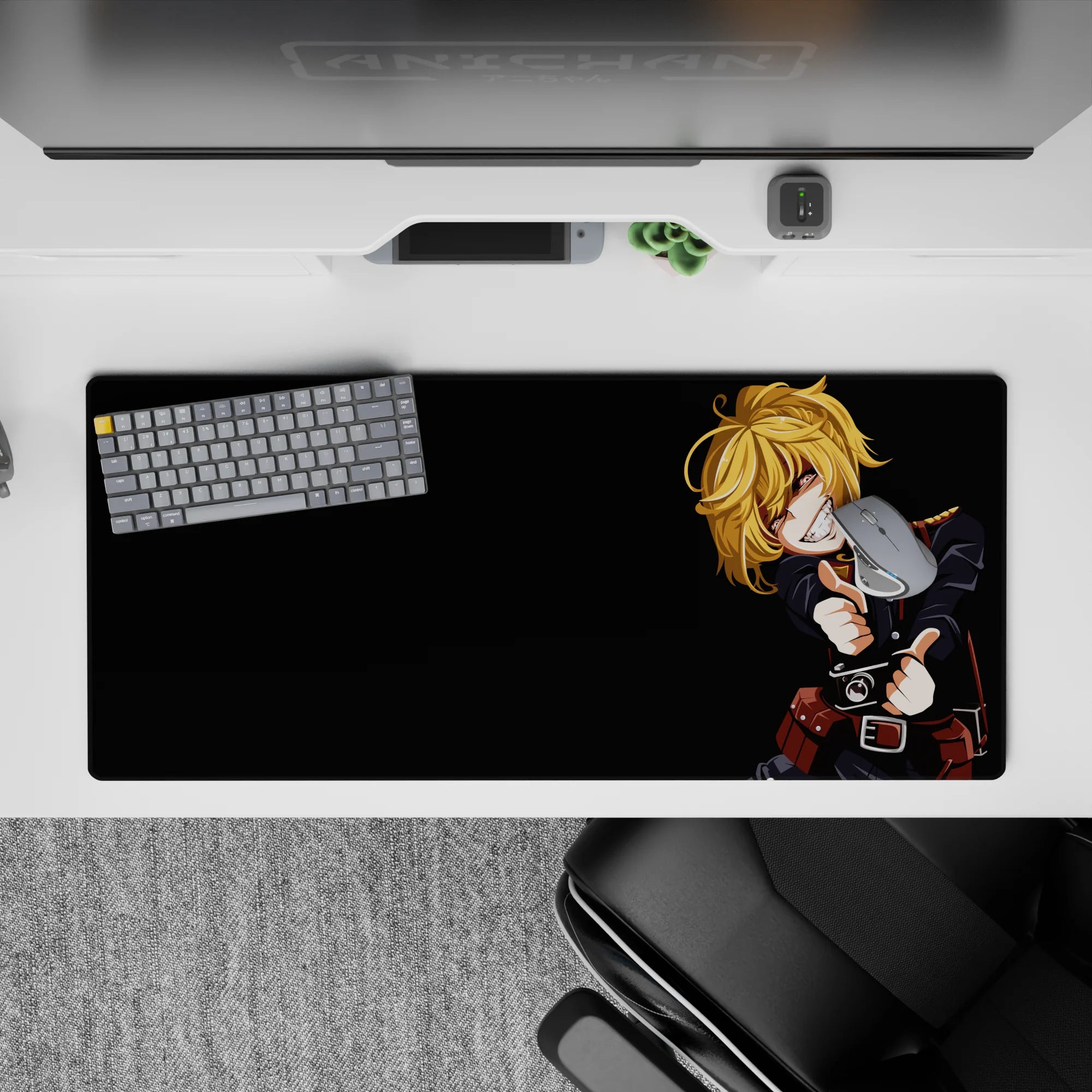 36x16 inches desk pad in deep black with warm gold-blonde hair, bold shadows, cute menacing vibe.