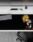 36x16 inches desk pad in deep black with warm gold-blonde hair, bold shadows, cute menacing vibe.