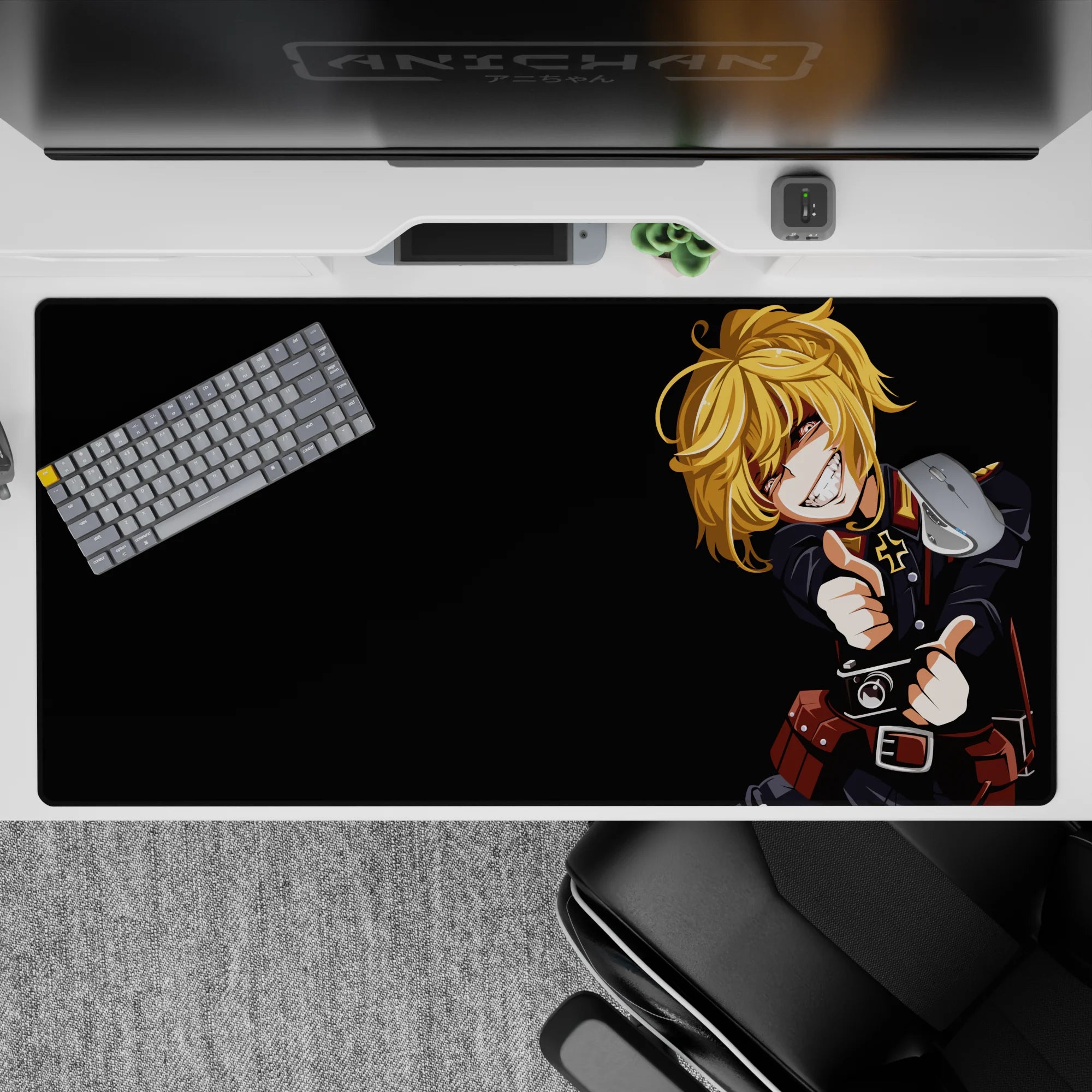Dark, clean 40x20 inches desk pad with warm gold hair pop, cute menace vibe, smooth tracking surface.