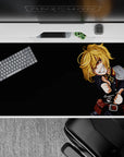 Dark, clean 40x20 inches desk pad with warm gold hair pop, cute menace vibe, smooth tracking surface.