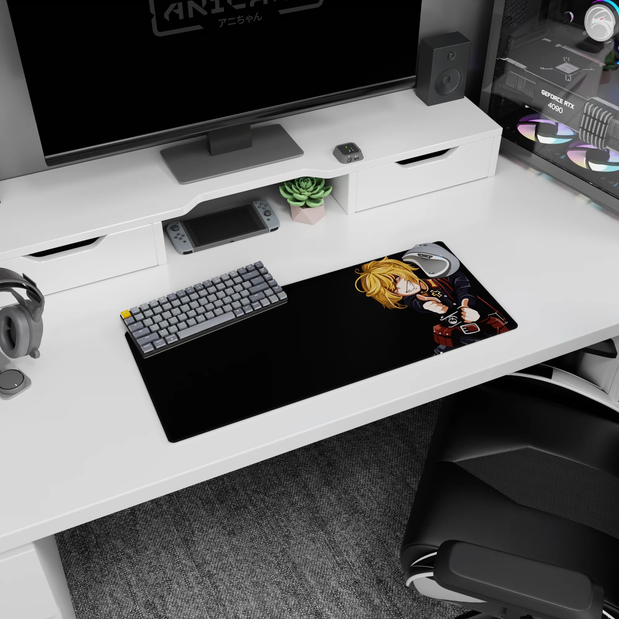 28x12 inches Tanya Degurechaff mouse pad, mischievous grin and crisp military insignia under monitor glow.