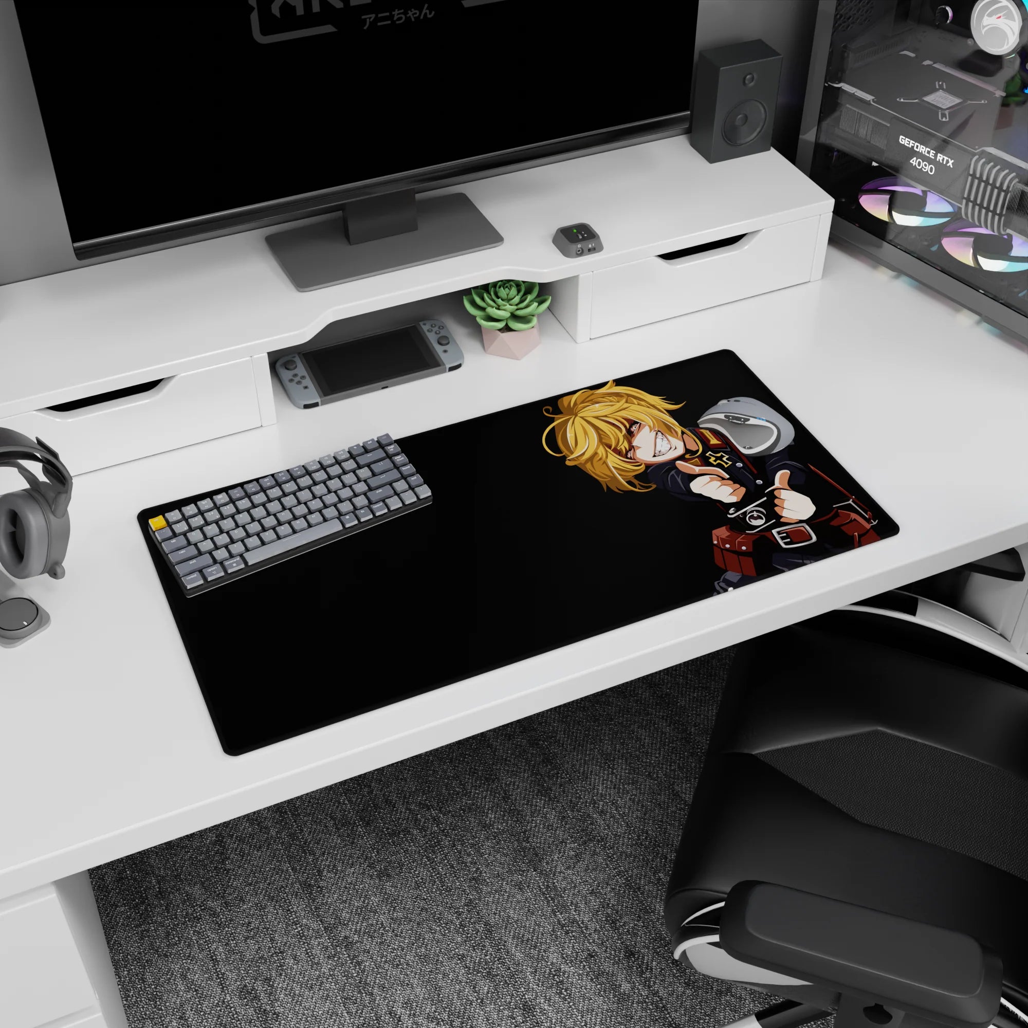 32x16 inches Tanya Degurechaff mouse pad, smirking in military uniform with insignia under monitor glow.