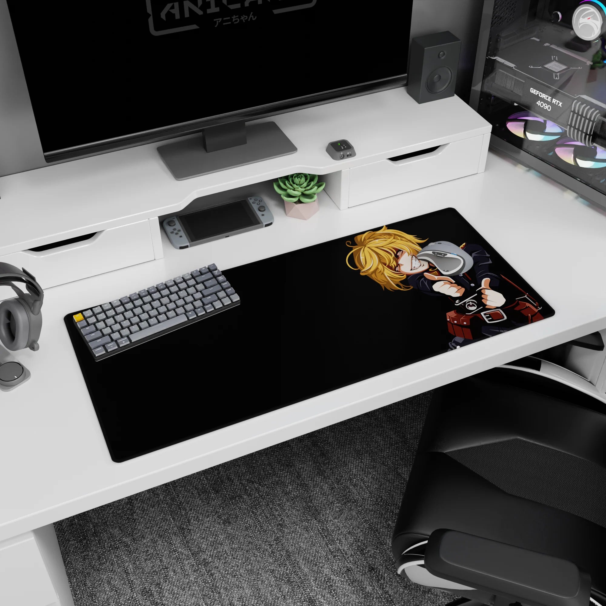 36x16 inches Tanya Degurechaff desk pad from Saga of Tanya the Evil, smirking in uniform under monitor glow.