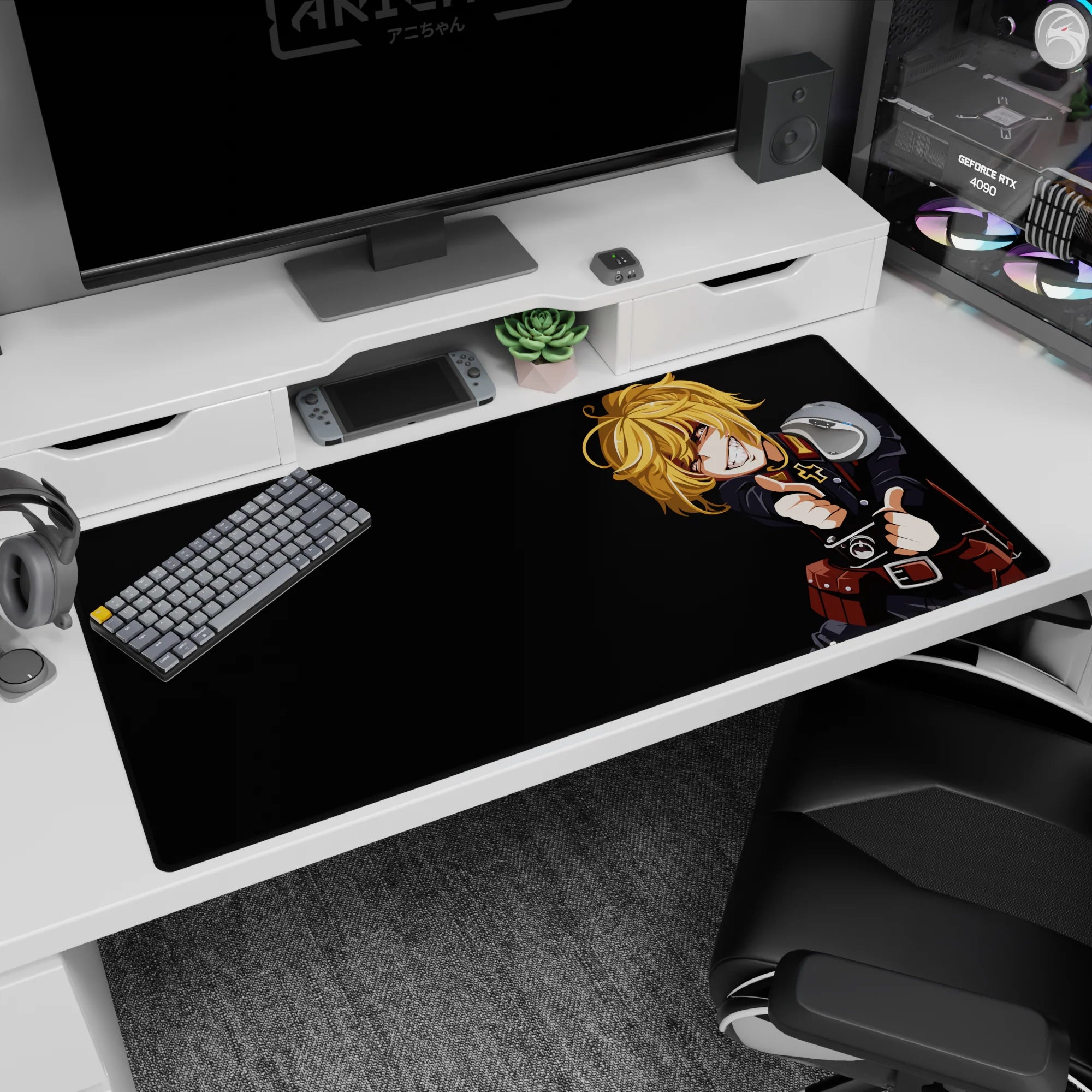Tanya Degurechaff grinning on a 40x20 inches anime desk pad, military uniform insignia and bold contrast.
