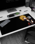 Tanya Degurechaff grinning on a 40x20 inches anime desk pad, military uniform insignia and bold contrast.