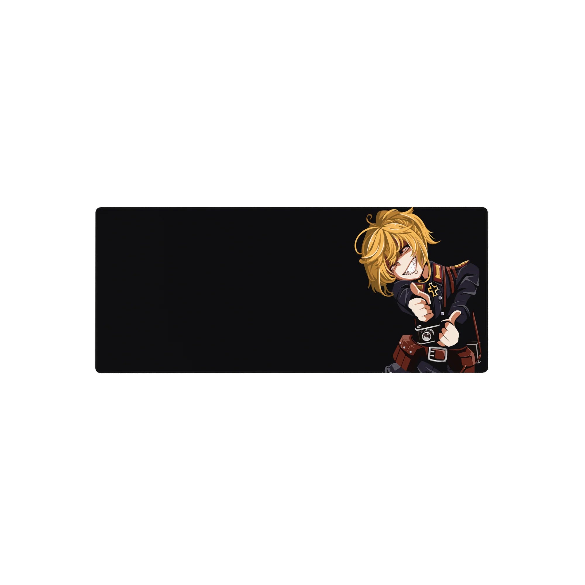 28x12 inches anime girl mouse pad with Tanya-inspired uniform portrait on a sleek black background.