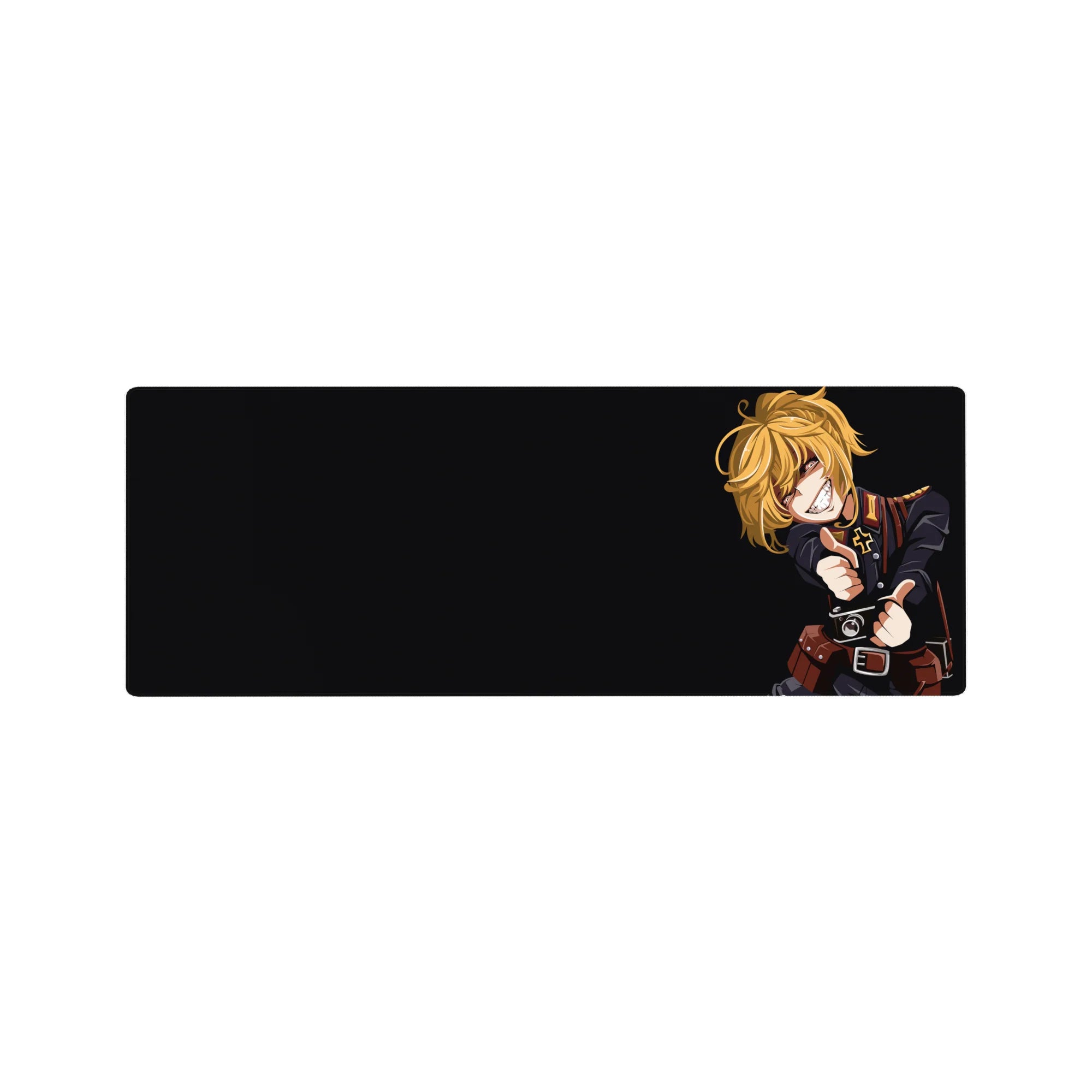 32x12 inches anime girl mouse pad with uniformed blonde character on deep black background, crisp details.