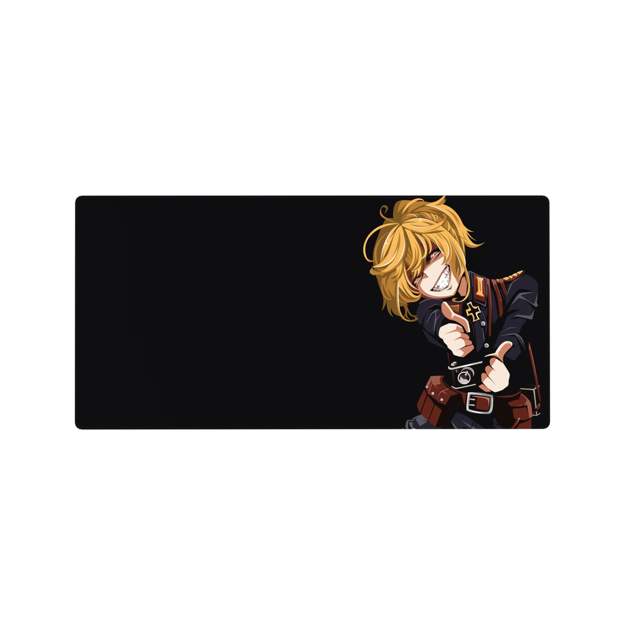 32x16 inches anime girl mouse pad with blond uniformed officer on deep black background, crisp details.
