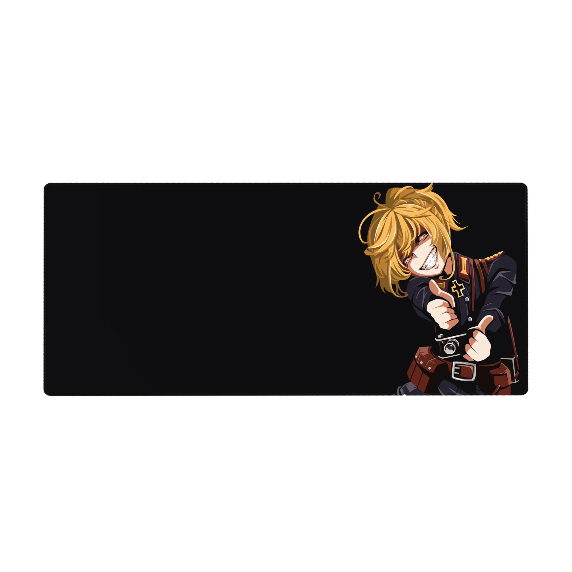 36x16 inches anime girl desk pad with black background, blonde uniformed soldier grin, crisp insignia detail.