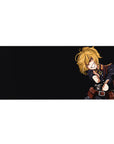 36x16 inches anime girl desk pad with black background, blonde uniformed soldier grin, crisp insignia detail.