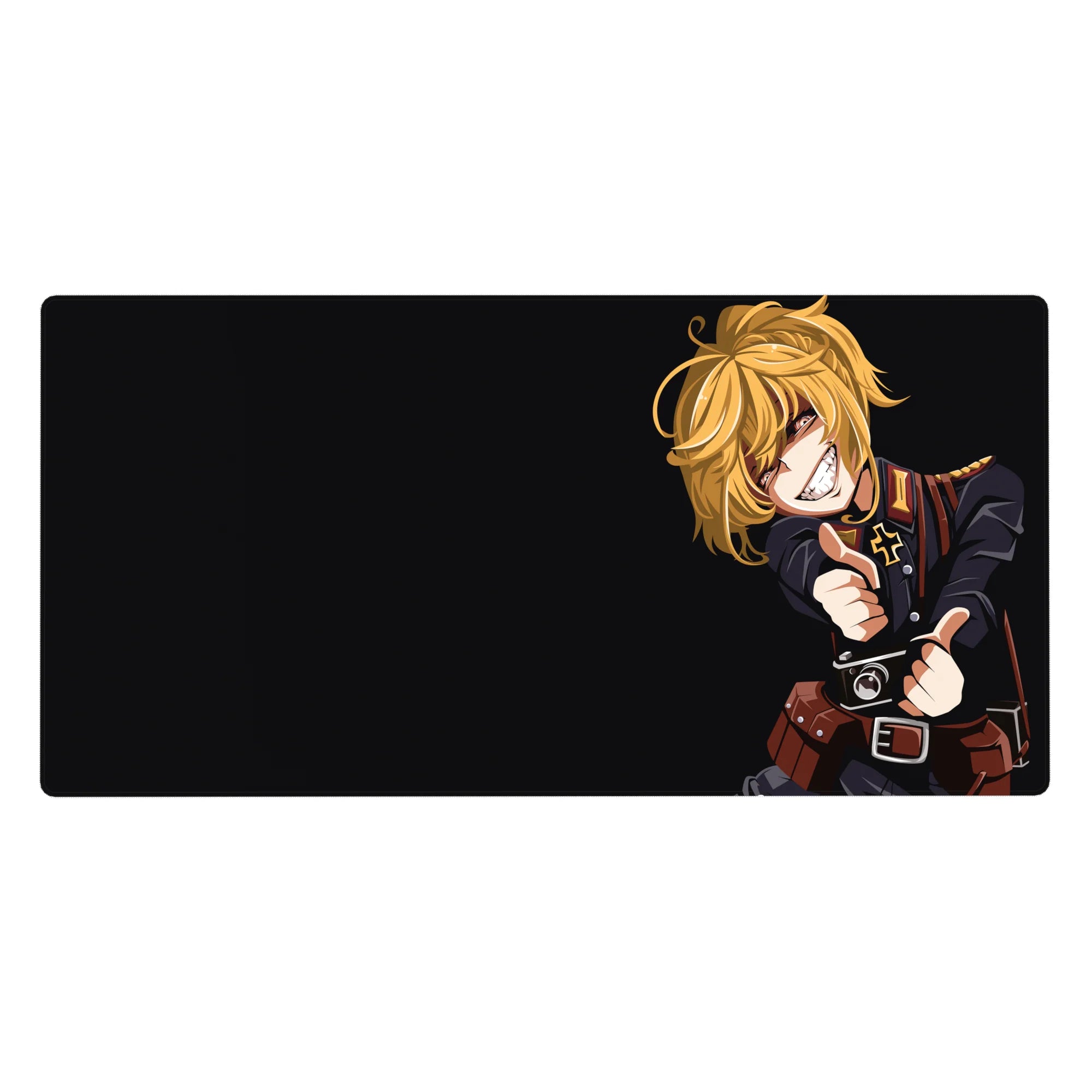 Anime girl desk pad 40x20 inches with uniformed blonde on deep black background, crisp details and shadows.