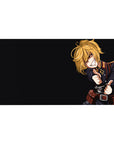 Anime girl desk pad 40x20 inches with uniformed blonde on deep black background, crisp details and shadows.