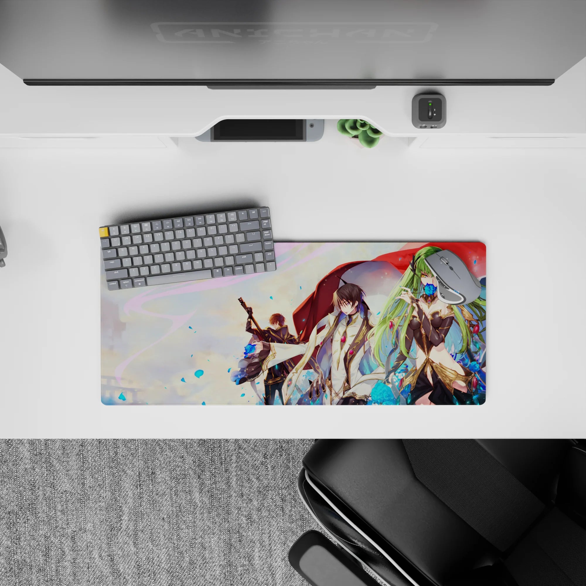 28x12 inches anime mouse pad in sunset pastels, red cloak and jewel blues, sleek luxe vibe.