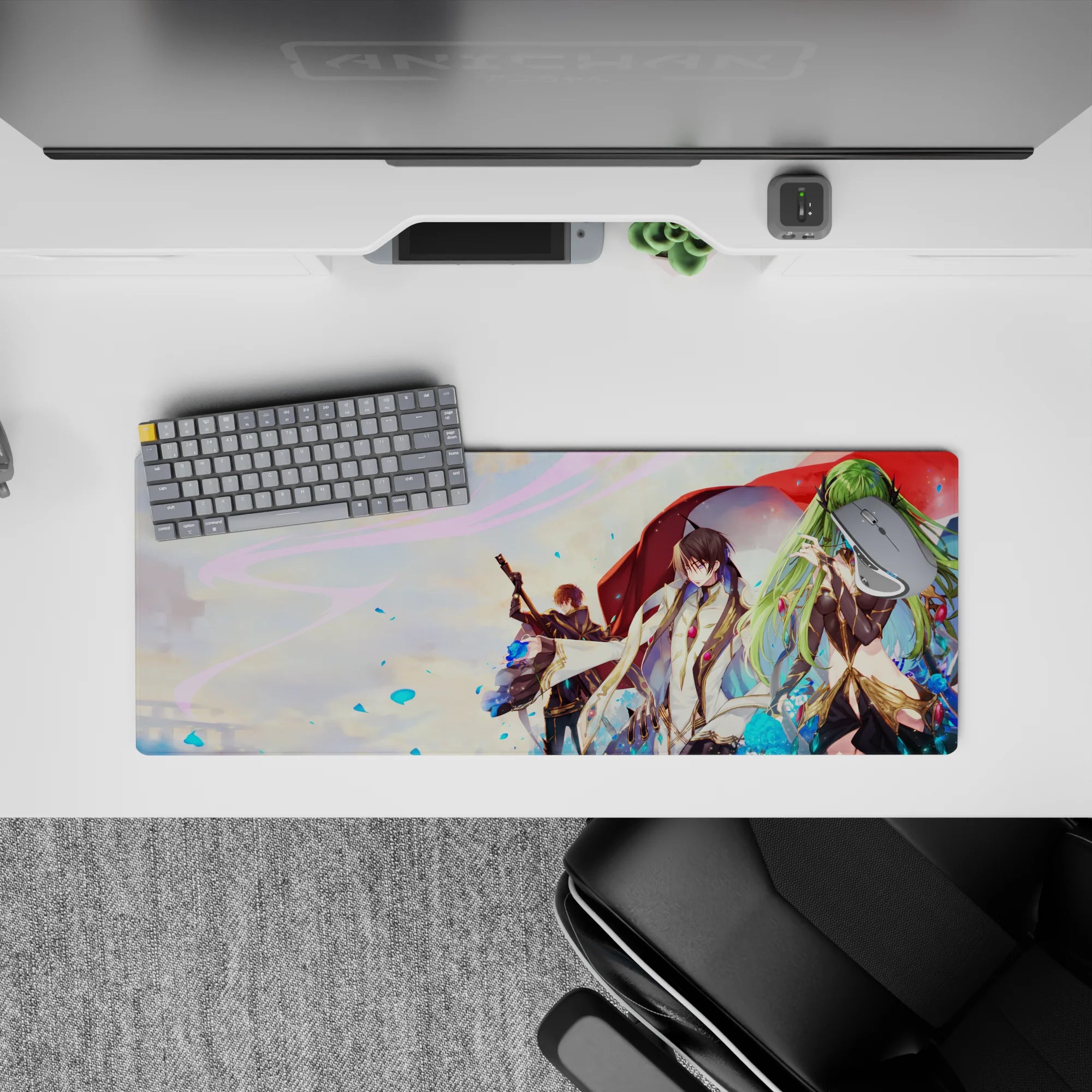 32x12 inches anime mouse pad in sunset pastels, wide red cloak and bright blue rose, luxe vivid detail.