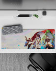 32x12 inches anime mouse pad in sunset pastels, wide red cloak and bright blue rose, luxe vivid detail.
