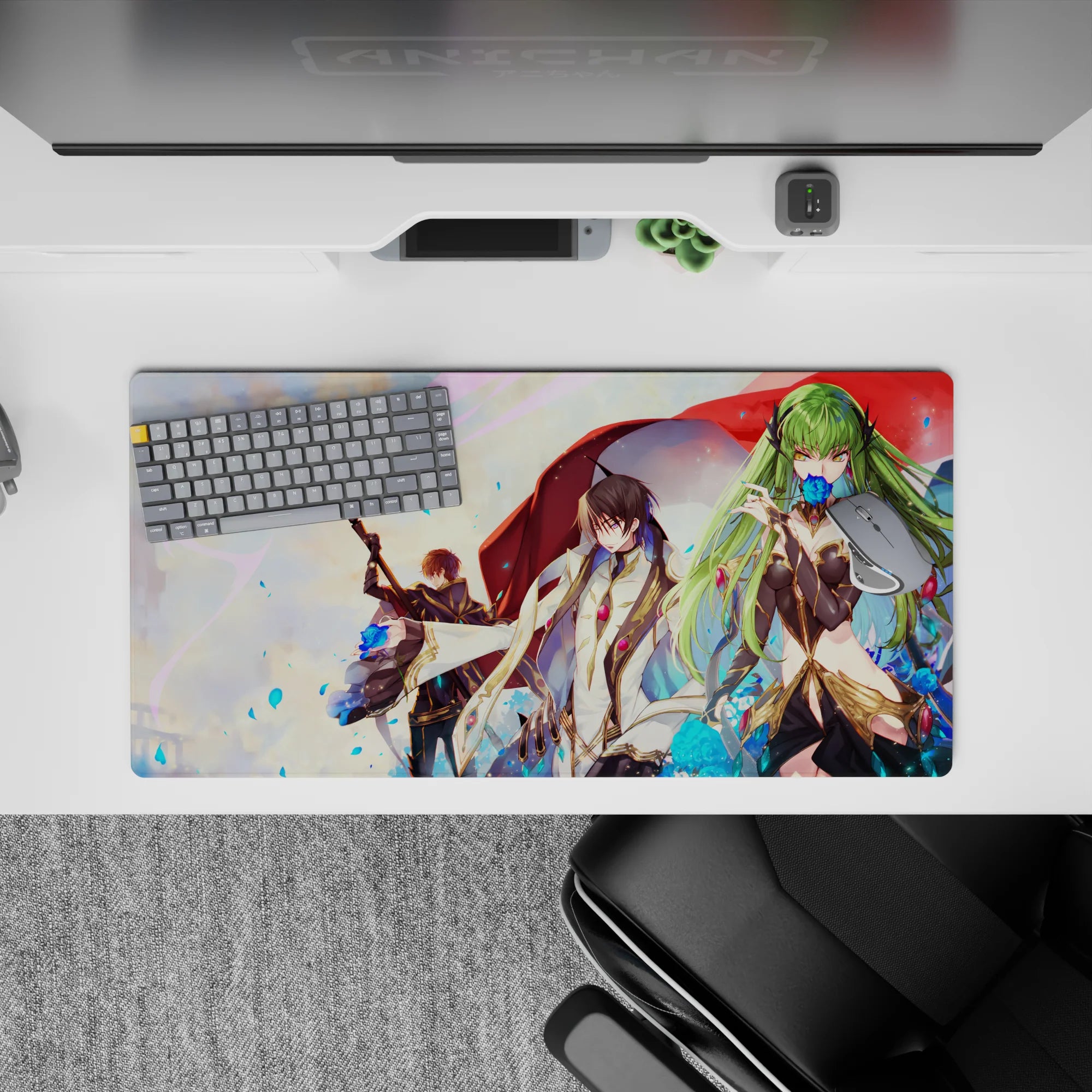 32x16 inches anime mouse pad in sunset pastels, crisp lines, jewel accents, cool dramatic mood.