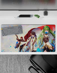 32x16 inches anime mouse pad in sunset pastels, crisp lines, jewel accents, cool dramatic mood.