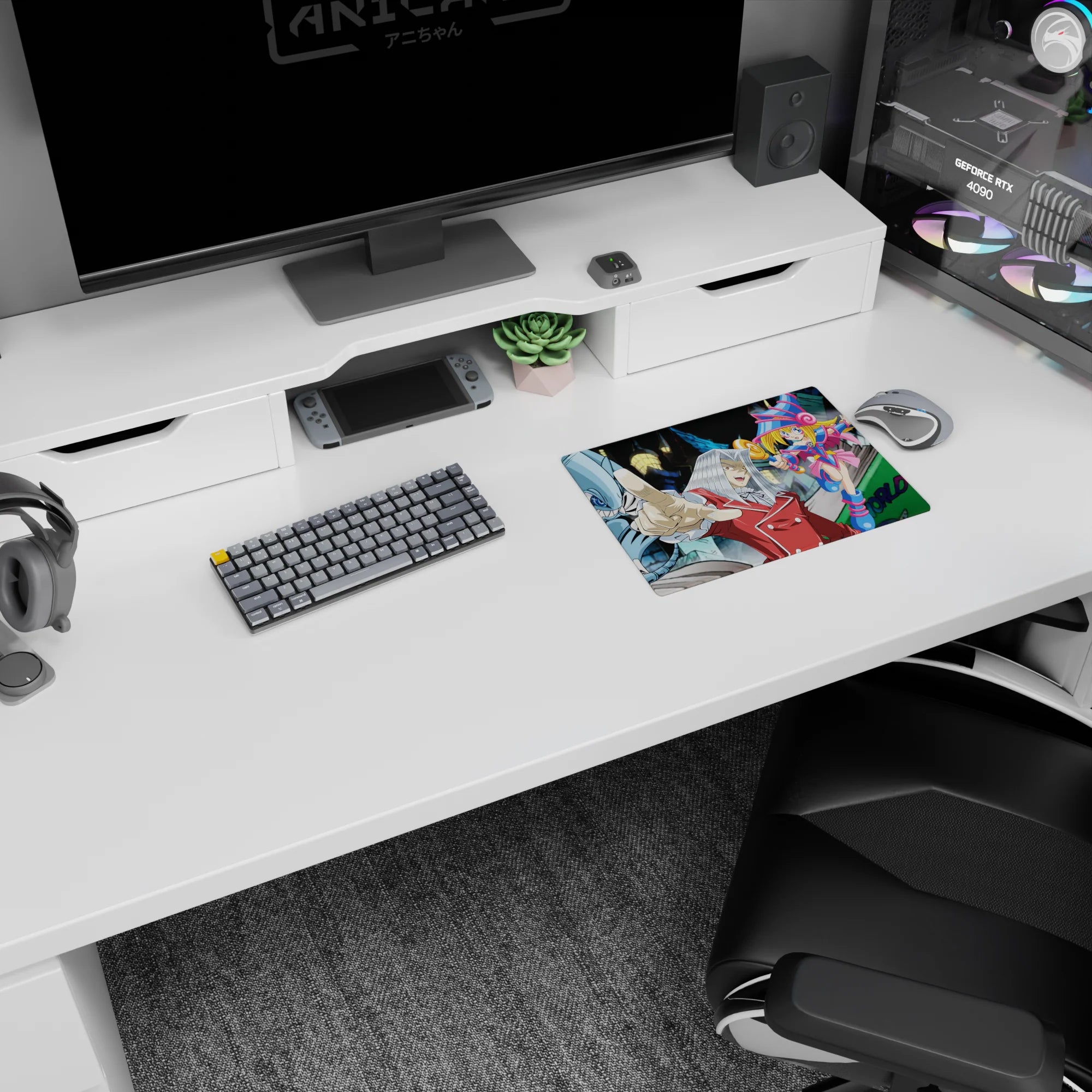 Anime mouse pad 14x10 inches showing emerald-haired girl biting blue rose beside calm leader and loyal swordsman.