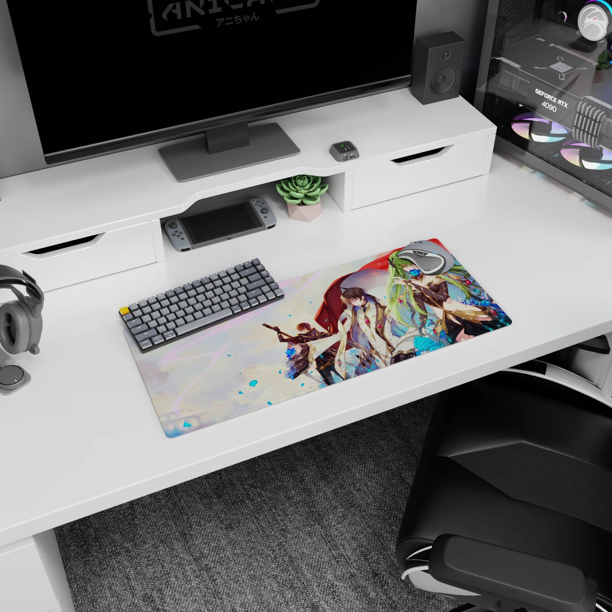 28x12 inches anime mouse pad of emerald-haired girl biting blue rose, with loyal swordsman behind.