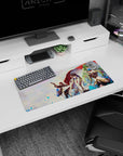 28x12 inches anime mouse pad of emerald-haired girl biting blue rose, with loyal swordsman behind.