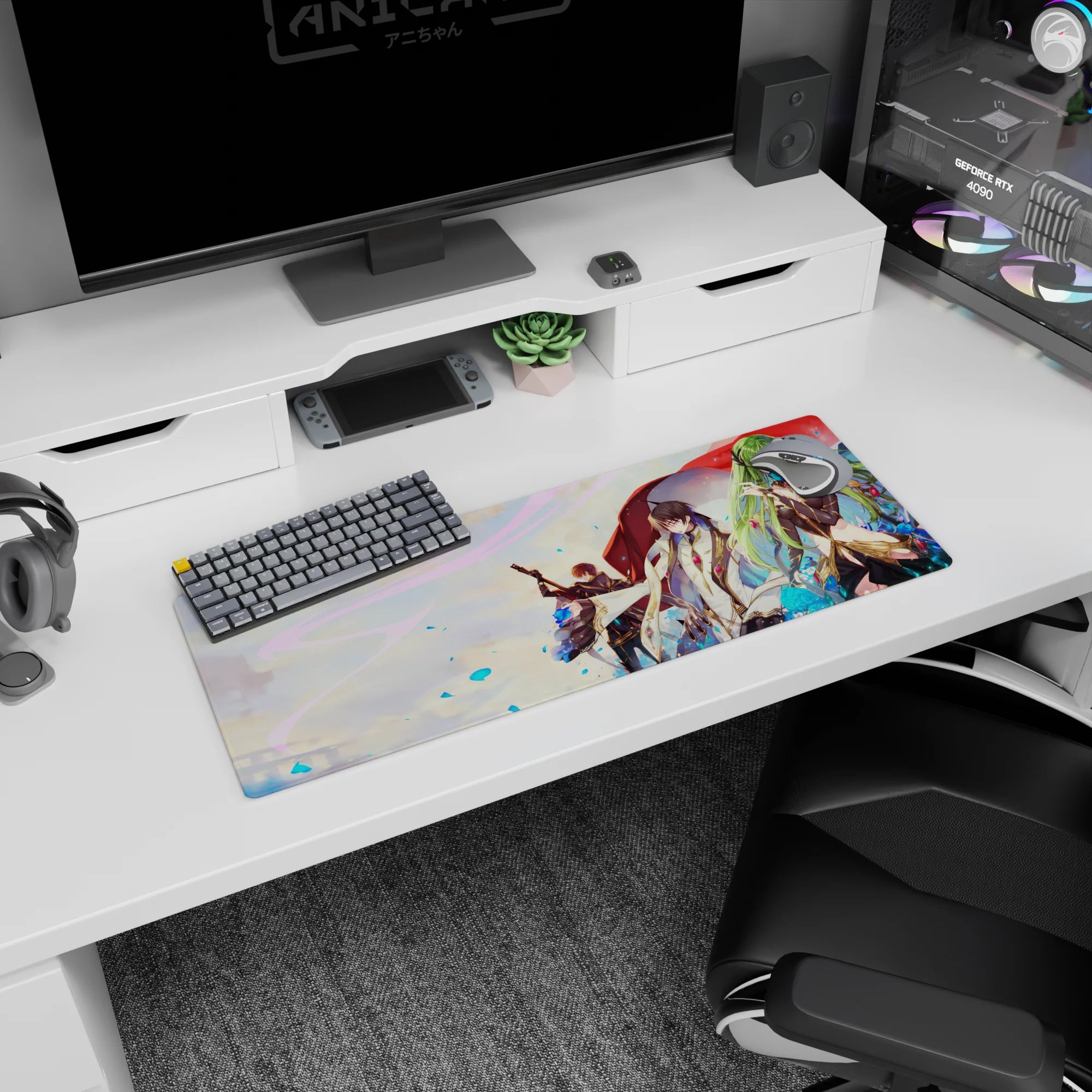 32x12 inches anime mouse pad featuring emerald-haired girl biting a blue rose as allies stand behind.