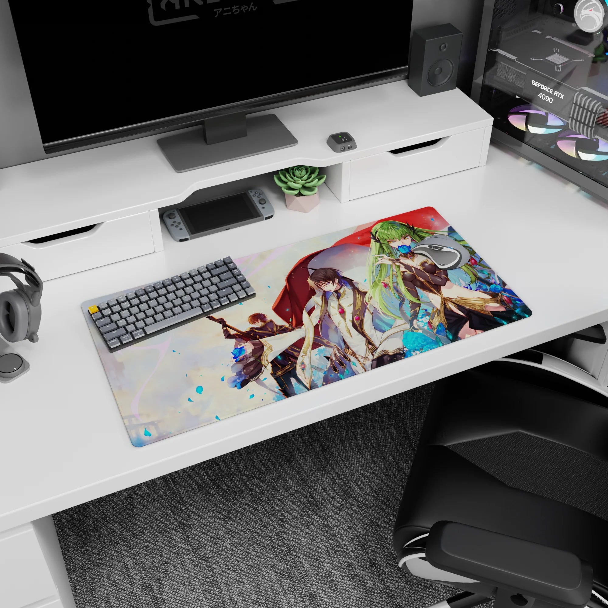 32x16 inches anime mouse pad showing emerald-haired armored girl biting blue rose, allies behind.