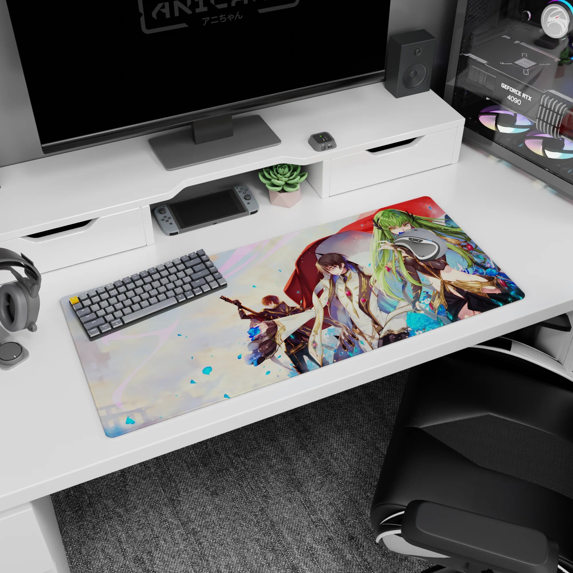 36x16 inches anime desk pad with emerald-haired armored girl biting blue rose, leader reaching, swordsman behind.