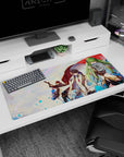 36x16 inches anime desk pad with emerald-haired armored girl biting blue rose, leader reaching, swordsman behind.
