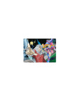 Classic anime mouse pad 14x10 inches with trio under red cloak, blue petals, armor and sword detail.