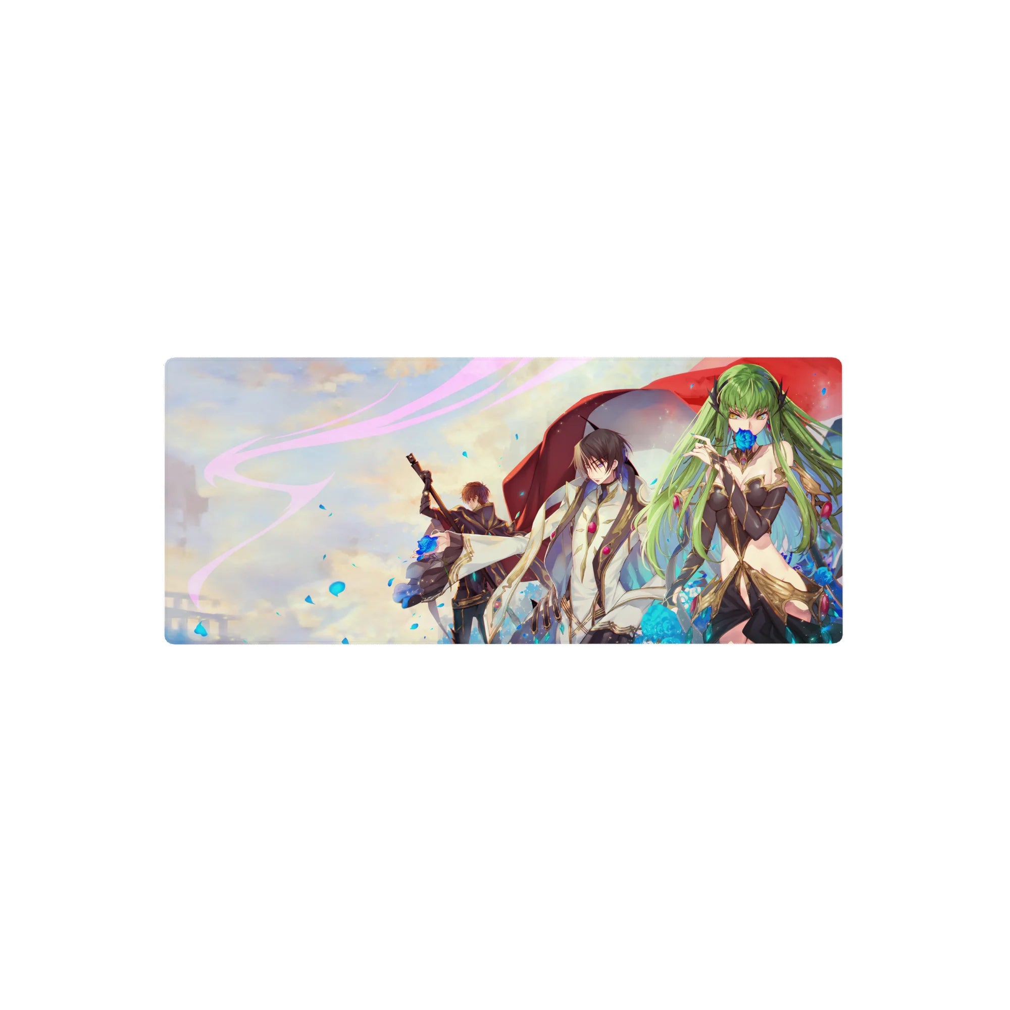 28x12 inches anime mouse pad with trio under red cloak, blue petals, black-gold armor and sword.