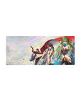 28x12 inches anime mouse pad with trio under red cloak, blue petals, black-gold armor and sword.